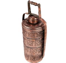 Copper Lunch Box Embossed  Four Compartments Tiffin Box