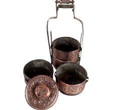 Copper Lunch Box Embossed  Four Compartments Tiffin Box