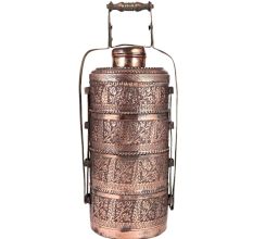 Copper Lunch Box Embossed  Four Compartments Tiffin Box