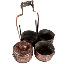 Copper Lunch Box Embossed  Four Compartments Tiffin Box