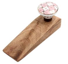 Pink and White Golden Checkerboard Ceramic Wooden Door Stopper