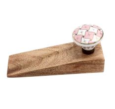 Pink and White Golden Checkerboard Ceramic Wooden Door Stopper
