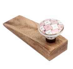 Pink and White Golden Checkerboard Ceramic Wooden Door Stopper