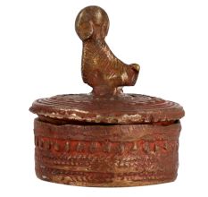Old Round Brass Engraved Box With Dark Finish