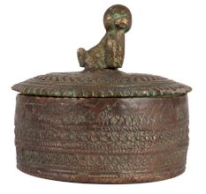 Brass Round Carved Tikka Box With Dog Figurine