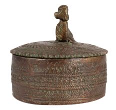 Brass Round Carved Tikka Box With Dog Figurine