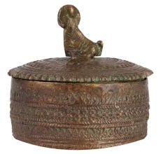 Brass Round Carved Tikka Box With Dog Figurine