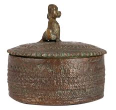 Brass Round Carved Tikka Box With Dog Figurine