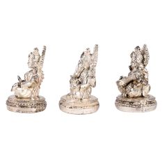 Copper Idols Of Goddess Saraswati Lakshmi and Lord Ganesh In Silver Finish