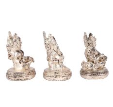 Copper Idols Of Goddess Saraswati Lakshmi and Lord Ganesh In Silver Finish