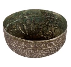 Metal Bowl With Carved Flower And Leaves Design