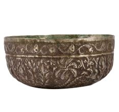 Metal Bowl With Carved Flower And Leaves Design
