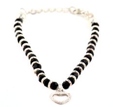 92.5 Sterling Silver Bracelet with Heart Charm and Black Beads