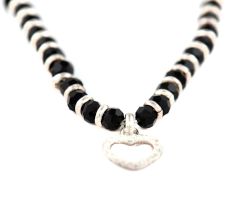 92.5 Sterling Silver Bracelet with Heart Charm and Black Beads