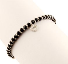 92.5 Sterling Silver Bracelet with Heart Charm and Black Beads