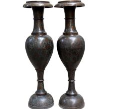 Old Brass Flower Versed With Badri Art In Pair