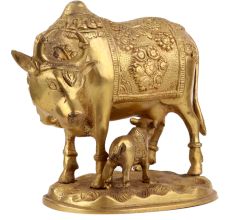 Handmade Golden Brass Kamdhenu Cow with Calf Idol