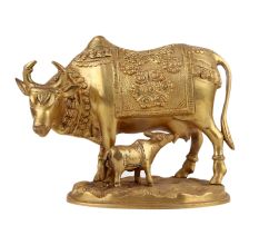 Handmade Golden Brass Kamdhenu Cow with Calf Idol