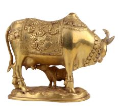 Handmade Golden Brass Kamdhenu Cow with Calf Idol