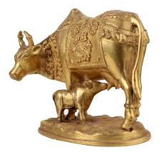 Handmade Golden Brass Kamdhenu Cow with Calf Idol