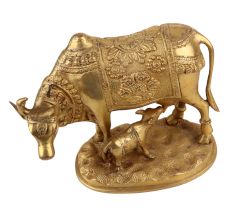 Handmade Golden Brass Kamdhenu Cow with Calf Idol