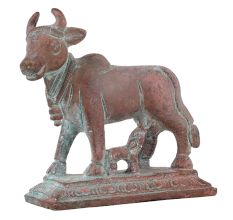 Handmade Copper Finish Brass Kamdhenu Cow With Calf Idol