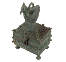 Handmade Green Finish Brass Tribal Jewelry Box With Cock On Top