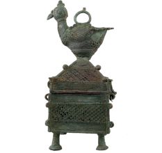 Handmade Green Finish Brass Tribal Jewelry Box With Cock On Top
