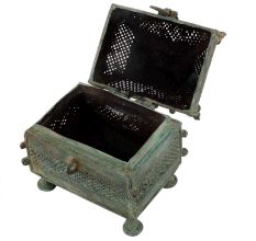 Handmade Green Finish Brass Tribal Jewelry Box With Cock On Top