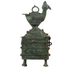 Handmade Green Finish Brass Tribal Jewelry Box With Cock On Top
