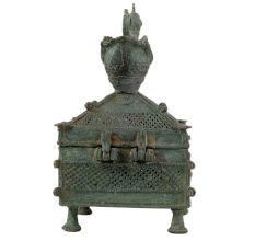 Handmade Green Finish Brass Tribal Jewelry Box With Cock On Top