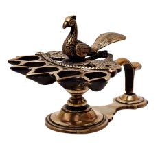 Brass Five Wick Peacock Diya Stand