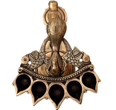 Brass Five Wick Peacock Diya Stand