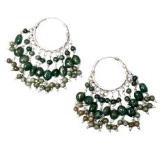 92.5 Sterling Silver Boo Style Green Semi Precious Stone Hoop Earrings