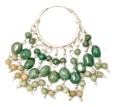 92.5 Sterling Silver Boo Style Green Semi Precious Stone Hoop Earrings