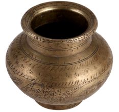 Old Brass Holy Water Pot With Carved Pattern