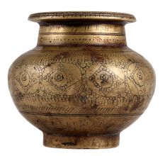 Old Hand Carved Brass Water Pot With Dark Finish
