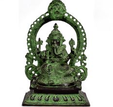 Brass Ganesha Statue In Green Finish And Arch