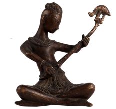 Brass Sitting Musician Statue With Veena Musical Instrument