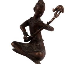 Brass Sitting Musician Statue With Veena Musical Instrument