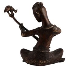 Brass Sitting Musician Statue With Veena Musical Instrument