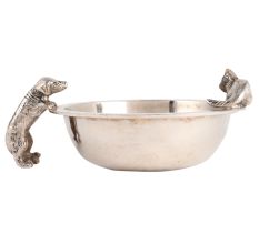 Vinage Brass Bowl With Cat And Dog Figurine