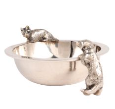 Vinage Brass Bowl With Cat And Dog Figurine
