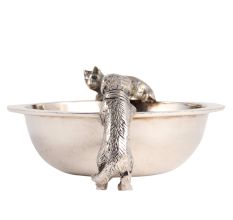 Vinage Brass Bowl With Cat And Dog Figurine