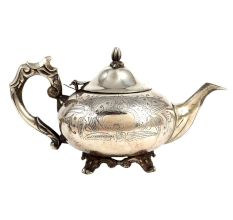 Brass Tea Pot With Mughal Engraved Flower And Nickel Plating
