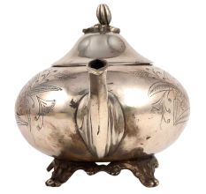 Brass Tea Pot With Mughal Engraved Flower And Nickel Plating