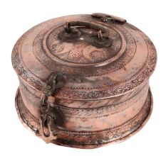 Large Decorative Mughal Round Copper Box with Lid