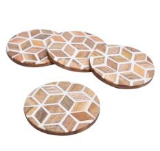 Round Wood And Resin Diamond Pattern Tea Coaster Set of 4