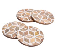 Round Wood And Resin Diamond Pattern Tea Coaster Set of 4