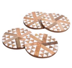 Wooden And Resin Beige Coasters With Triangle Motifs In Set Of 4